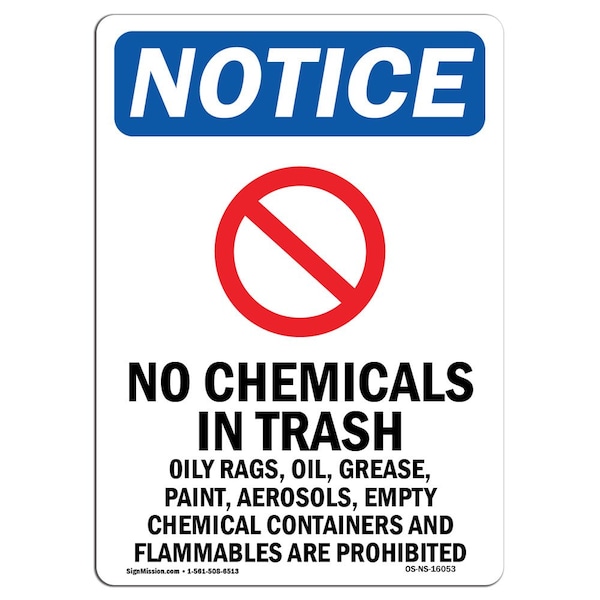 Safety Sign, OSHA Notice, 5" Height, NOTICE No Chemicals Sign With Symbol, Portrait, 10PK